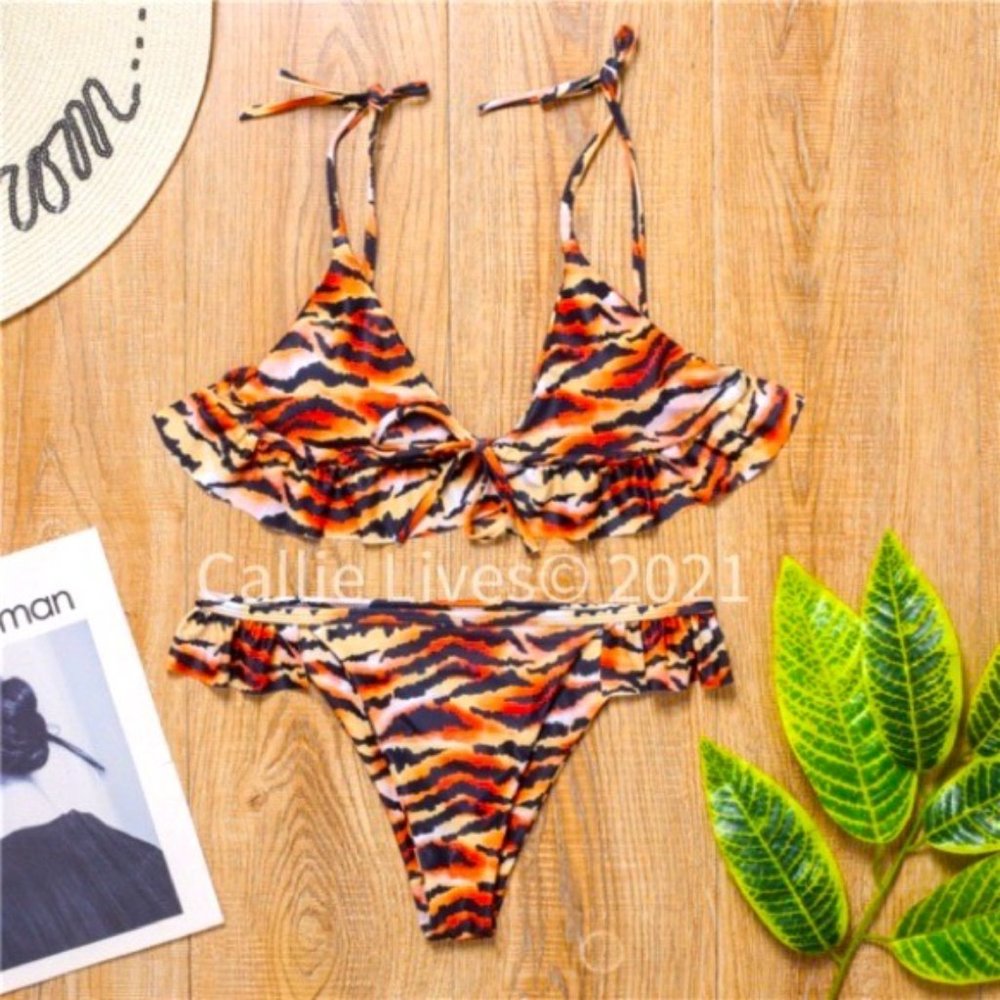 Wild Sunrise: Ruffle Hip Tiger Print Bikini - Picture 3 of 6